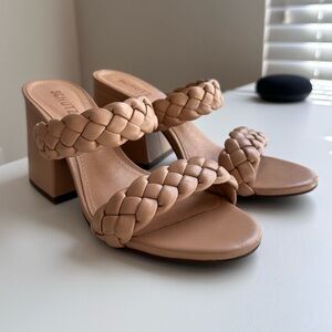 Schutz Elida Braided Leather Chunky-Heel Slide Sandals 8.5